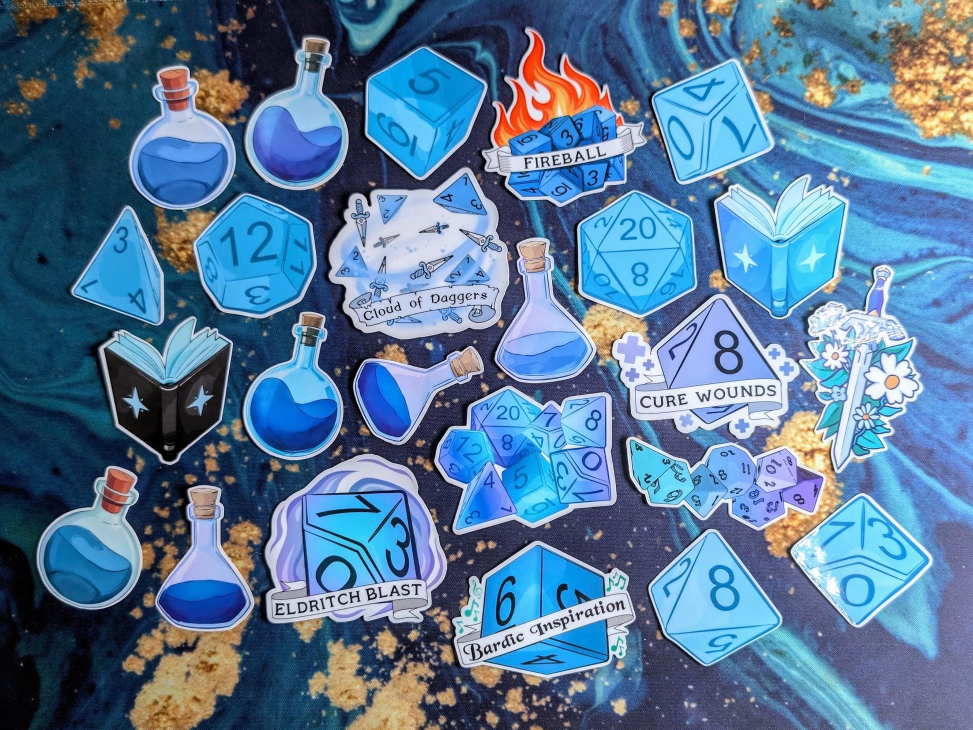 D&D Blue Sticker Pack | dungeons and dragons, bard, spells, books, potions and dice - 24PC