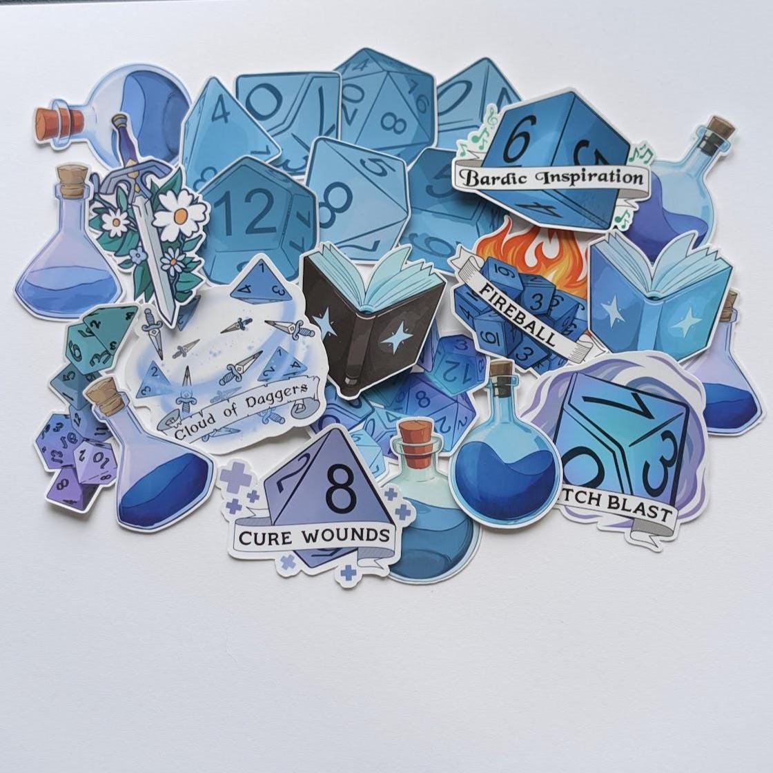 D&D Blue Sticker Pack | dungeons and dragons, bard, spells, books, potions and dice - 24PC