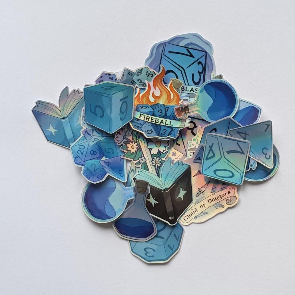 D&D Blue Sticker Pack | dungeons and dragons, bard, spells, books, potions and dice - 24PC