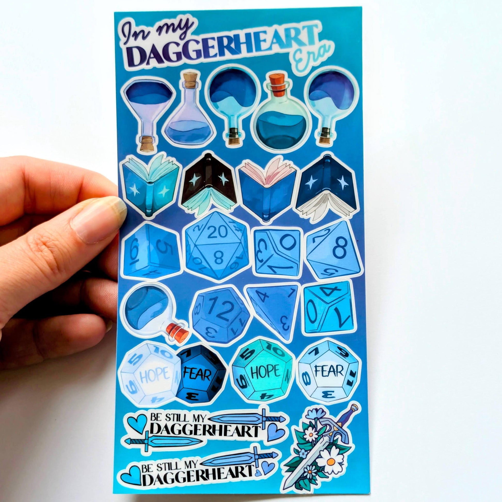 Daggerheart themed sticker sheet | laminated, waterproof | journaling and other uses | potions, dice, swords, books