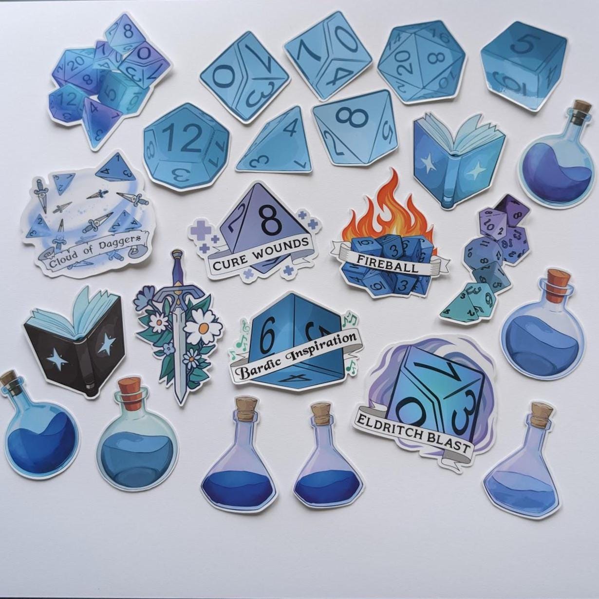 D&D Blue Sticker Pack | dungeons and dragons, bard, spells, books, potions and dice - 24PC