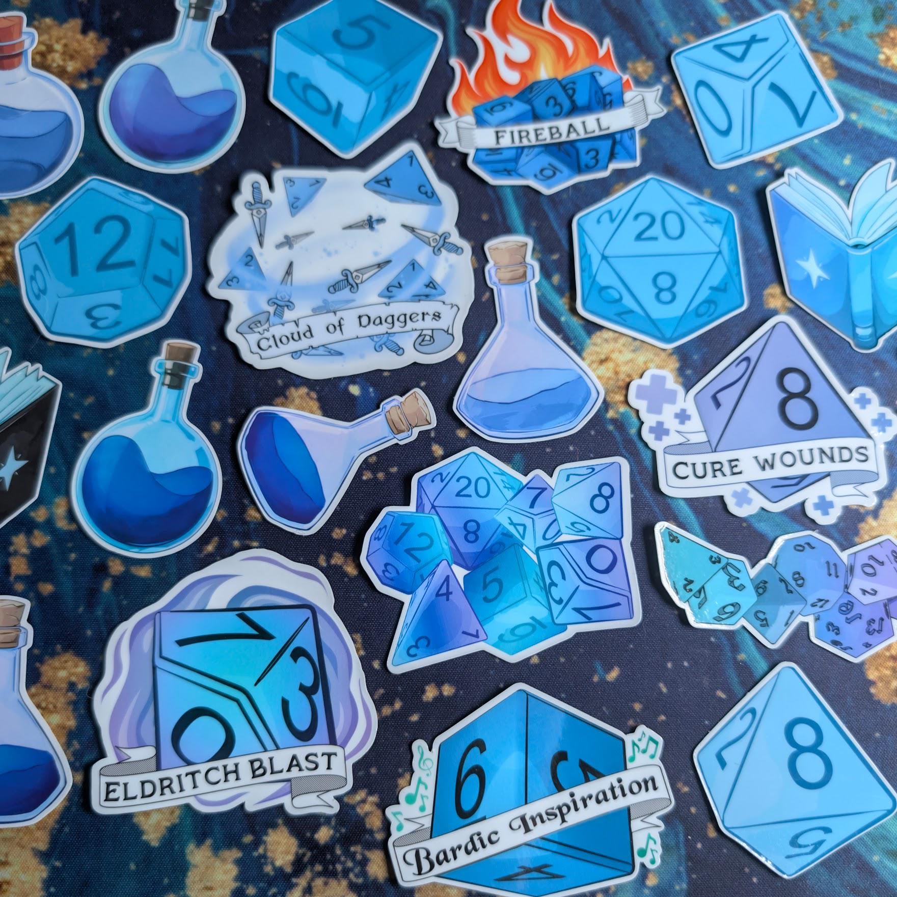 D&D Blue Sticker Pack | dungeons and dragons, bard, spells, books, potions and dice - 24PC