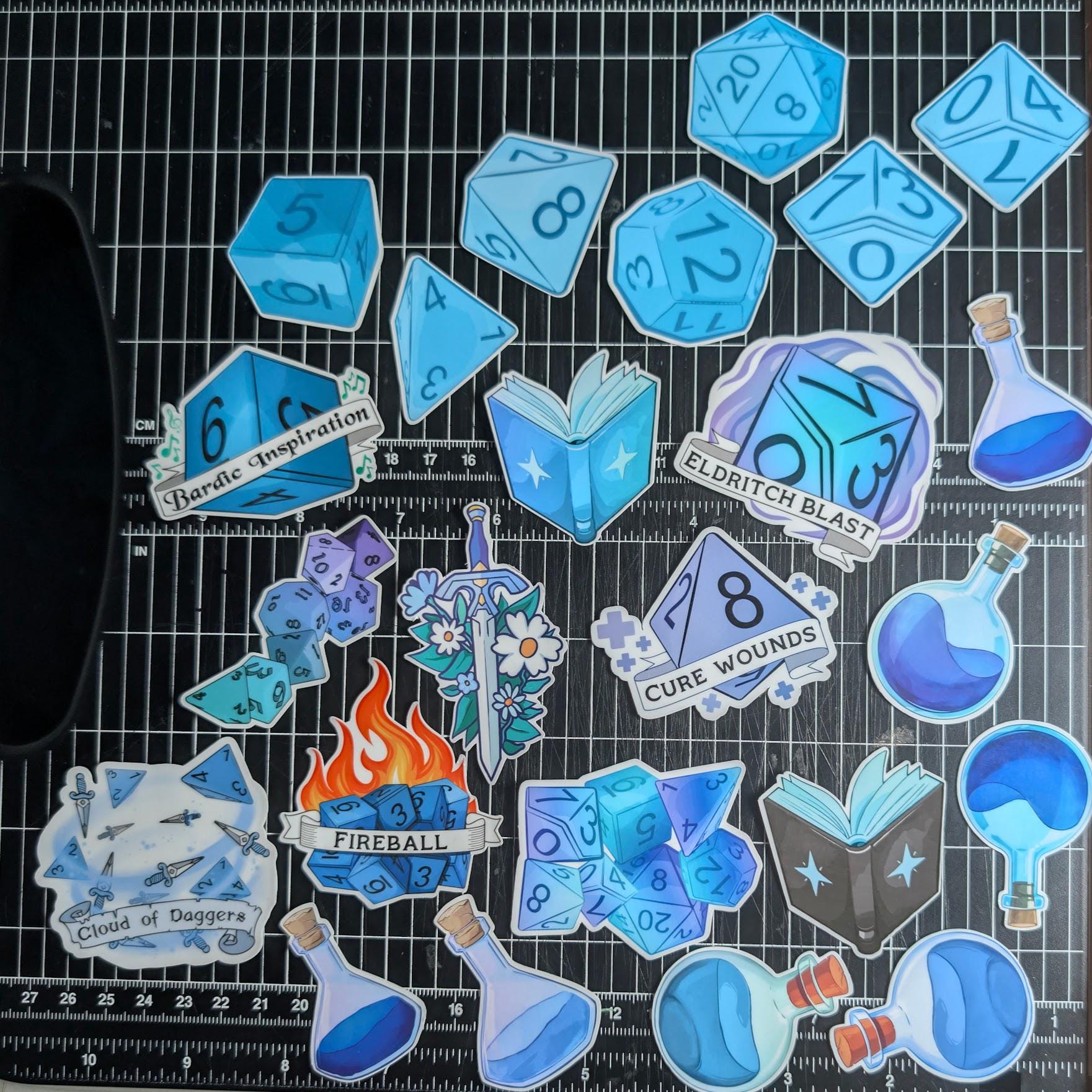 D&D Blue Sticker Pack | dungeons and dragons, bard, spells, books, potions and dice - 24PC