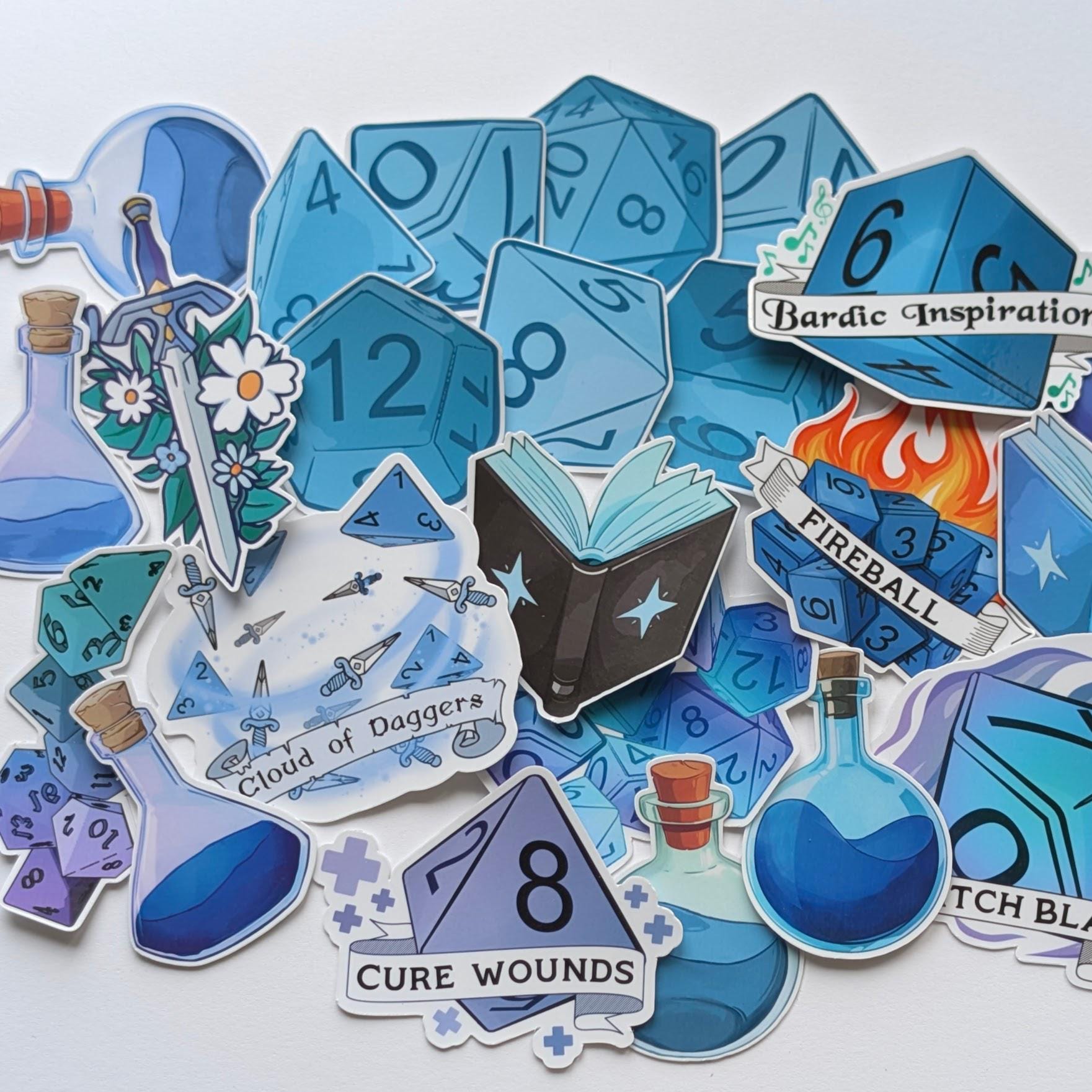 D&D Blue Sticker Pack | dungeons and dragons, bard, spells, books, potions and dice - 24PC