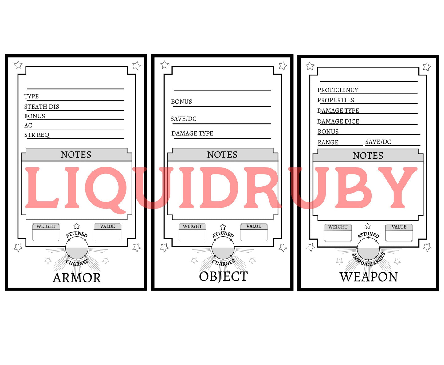 DND weapon, object and armor card flip books (25 pages)