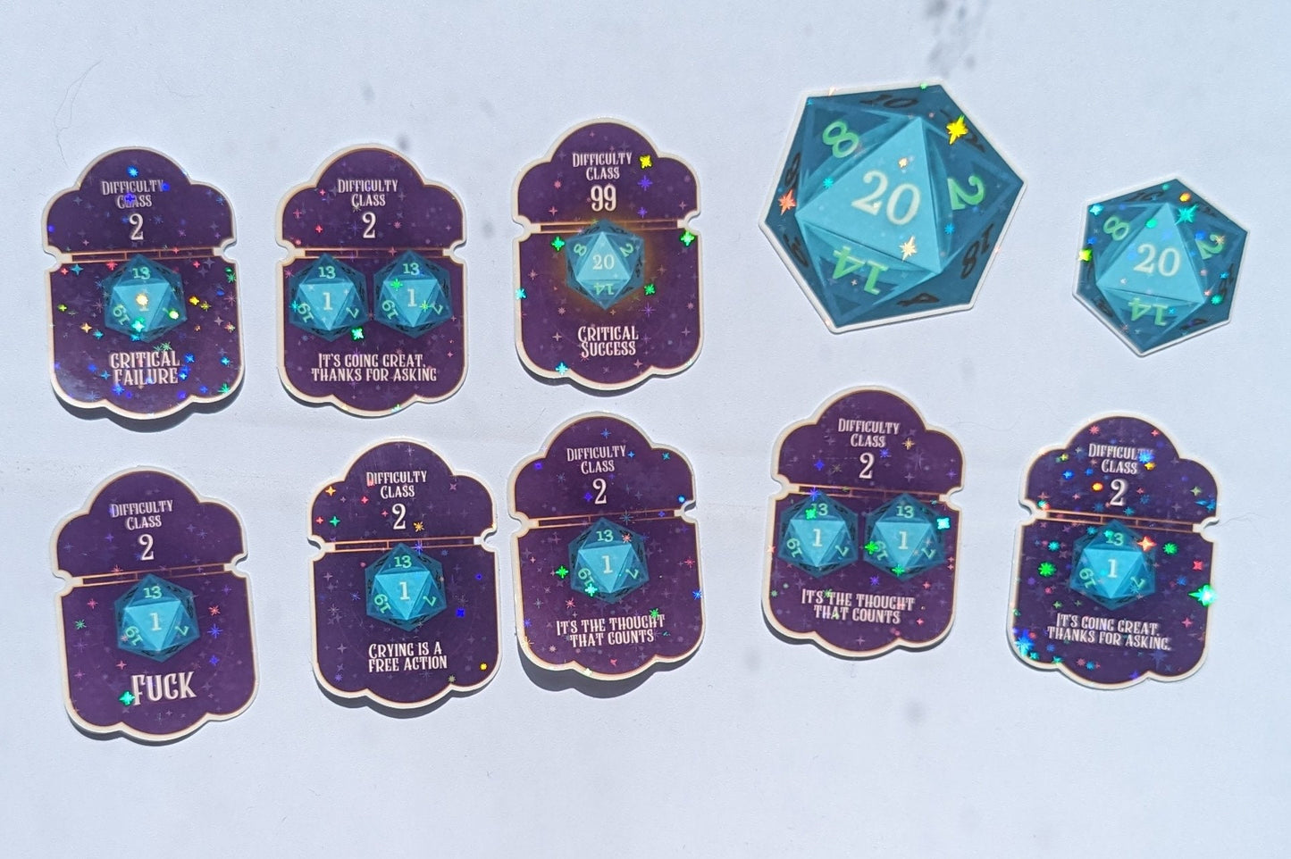 D20 dice roll sticker bundle | 10 pack | bg3 inspired | glossy, holographic, sparkle, | select your dice color