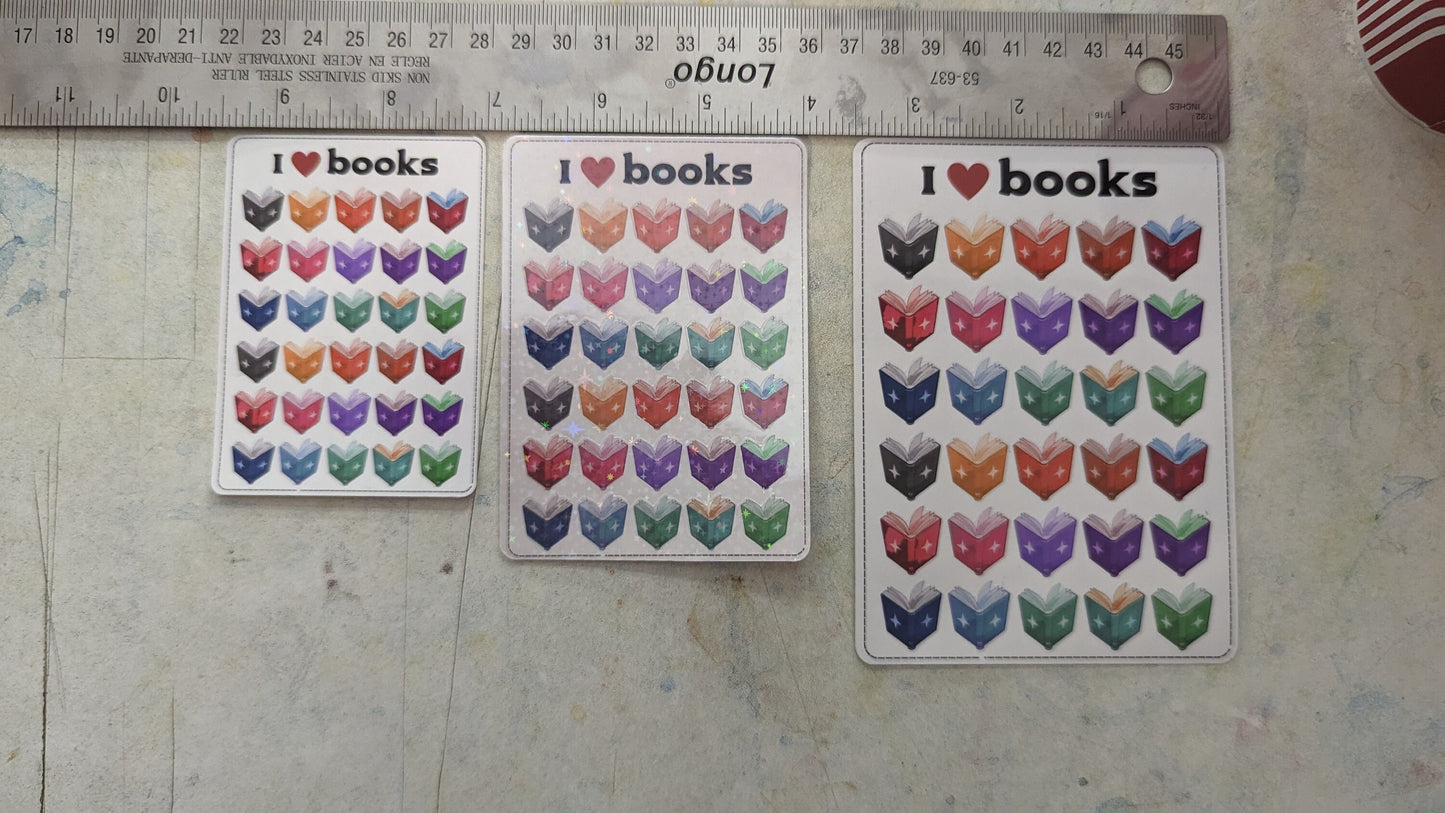 I heart books sticker sheet | laminated waterproof vinyl sticker sheets | 3 sizes available