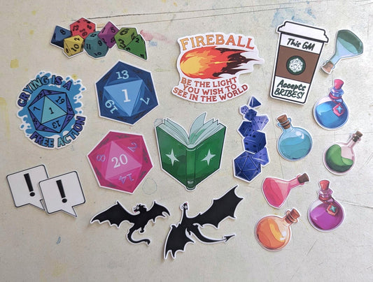 Colorful dungeons and dragons D&D Sticker Pack - 19PC | waterproof | potions, fireballs, dice, dragona, spellbook and more!