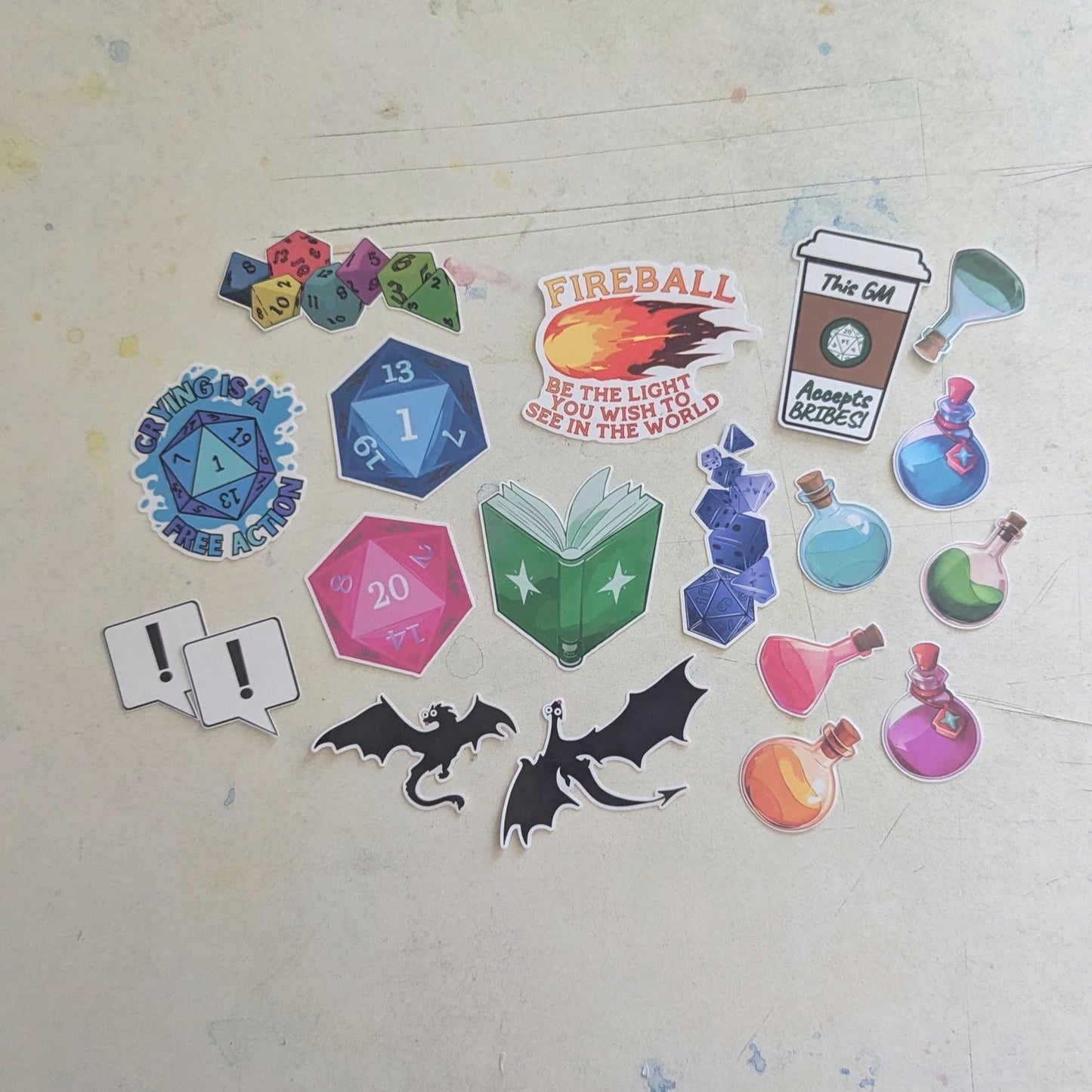 Colorful dungeons and dragons D&D Sticker Pack - 19PC | waterproof | potions, fireballs, dice, dragona, spellbook and more!