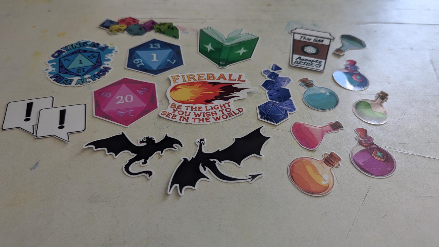 Colorful dungeons and dragons D&D Sticker Pack - 19PC | waterproof | potions, fireballs, dice, dragona, spellbook and more!