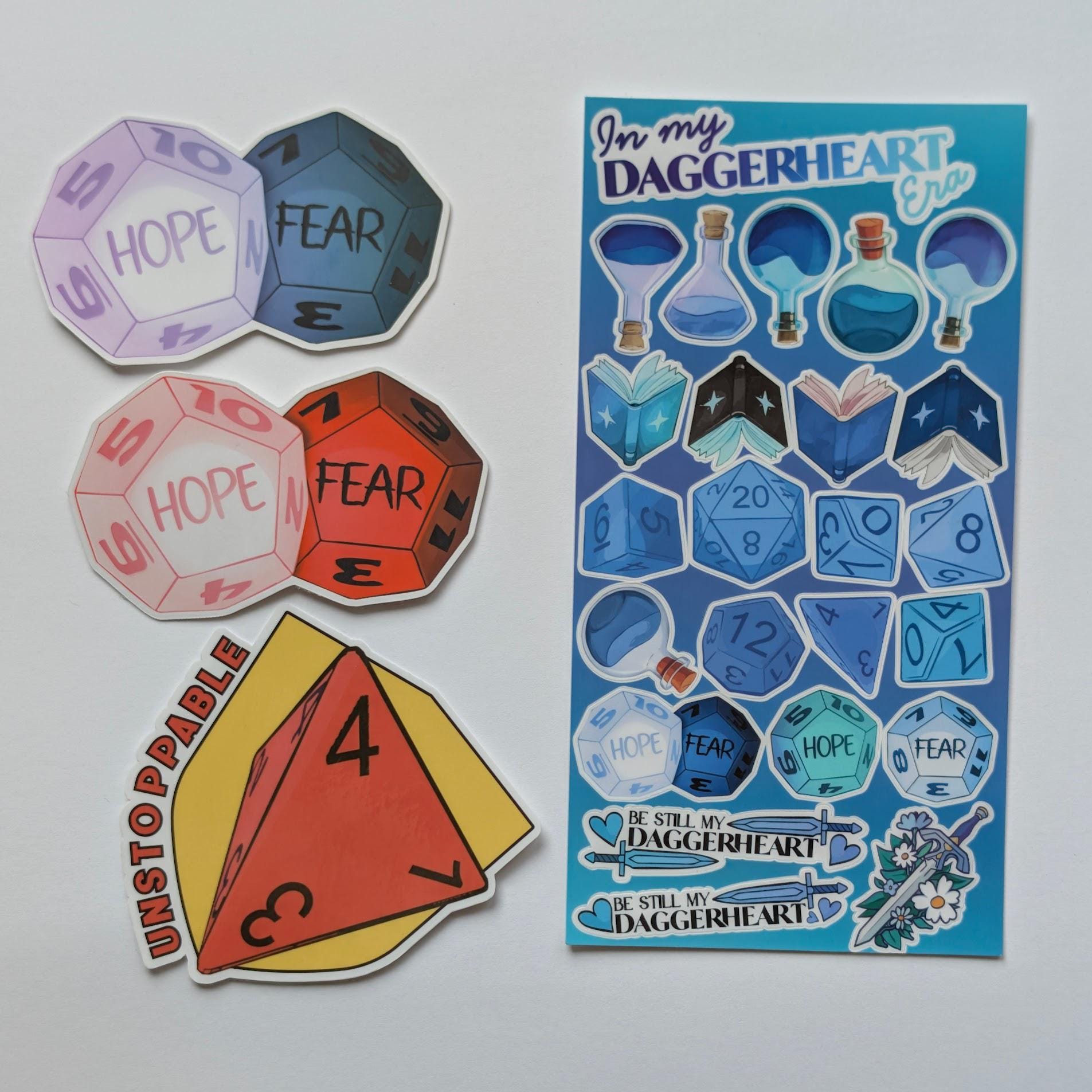 Daggerheart themed sticker sheet | laminated, waterproof | journaling and other uses | potions, dice, swords, books