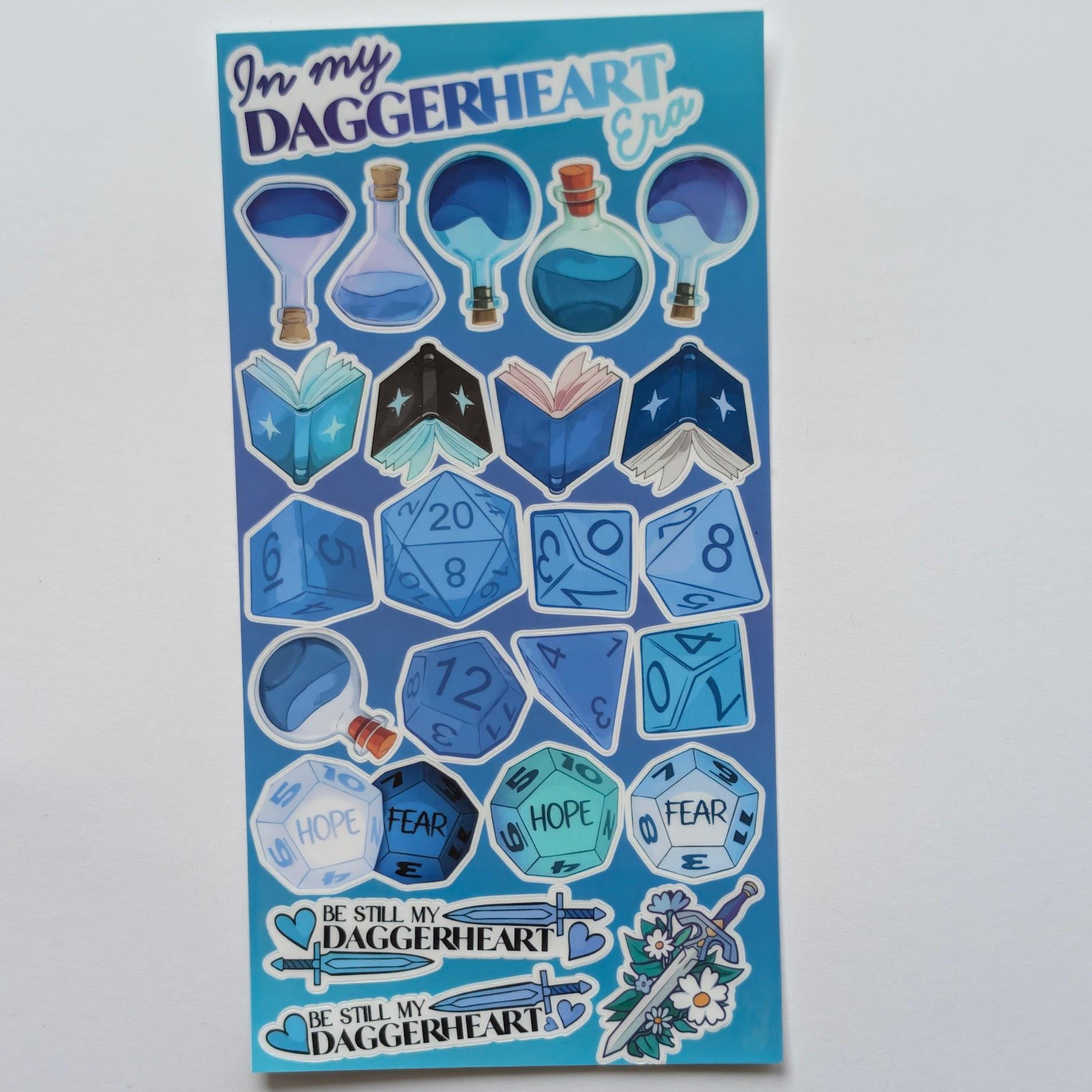 Daggerheart themed sticker sheet | laminated, waterproof | journaling and other uses | potions, dice, swords, books
