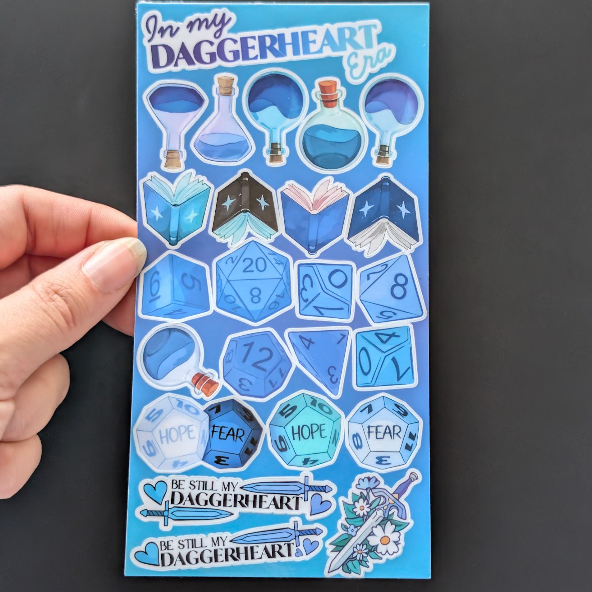 Daggerheart themed sticker sheet | laminated, waterproof | journaling and other uses | potions, dice, swords, books